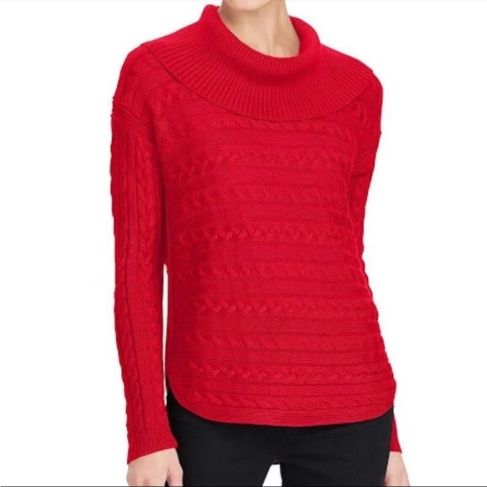 Red Cable Knit Sweater Lauren Ralph Lauren women size M | Turtleneck Sweater Red